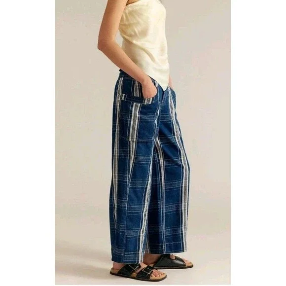 Free People Brecan Plaid Blue Pants High Rise Boho Goblincore Women’s SZ 30 - Picture 2 of 13